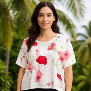 Sioni Women’s Floral Watercolor Print Top short sleeve 2X Mature Artsy Vacation